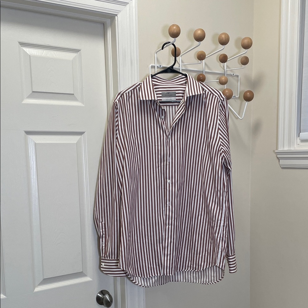 Canali - Vertical Striped Classic Button Down Long Sleeve Shirt - Red / White XL